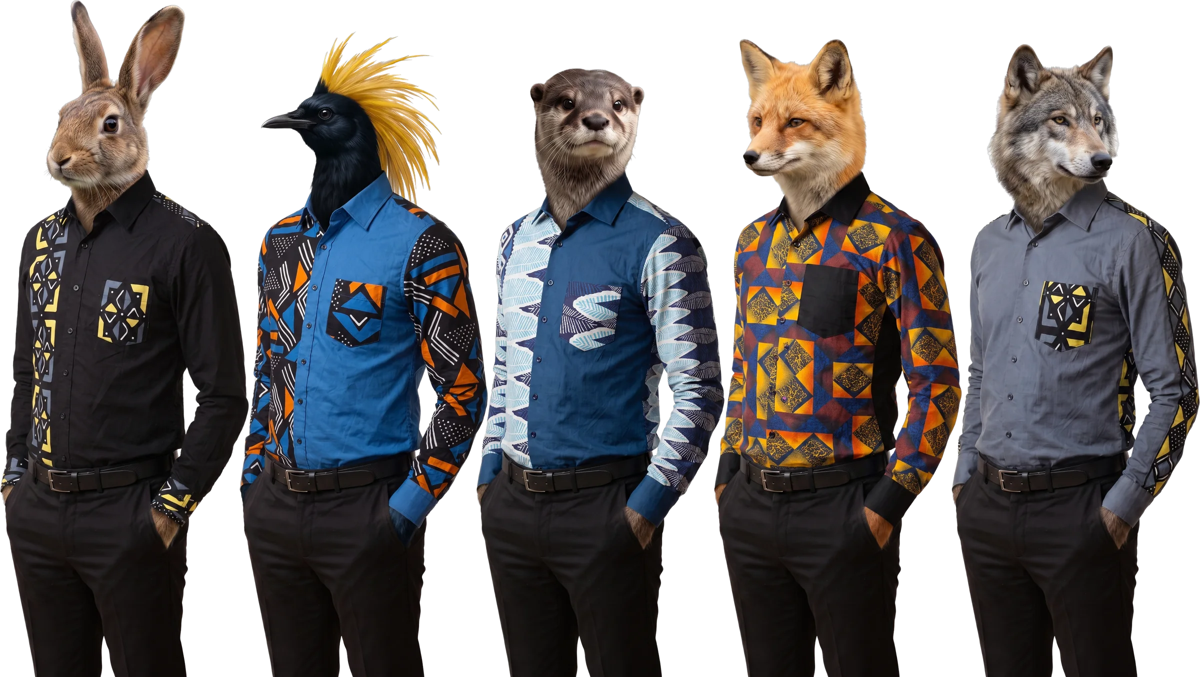 Die fünf Halawuki-Charaktere nebeneinander, jeder in einem anderen bunten Hemd: Citrus Onyx Black, Cornflower Confetti, Tidal Fern, Sunset Harlequin, Citrus Onyx Grey