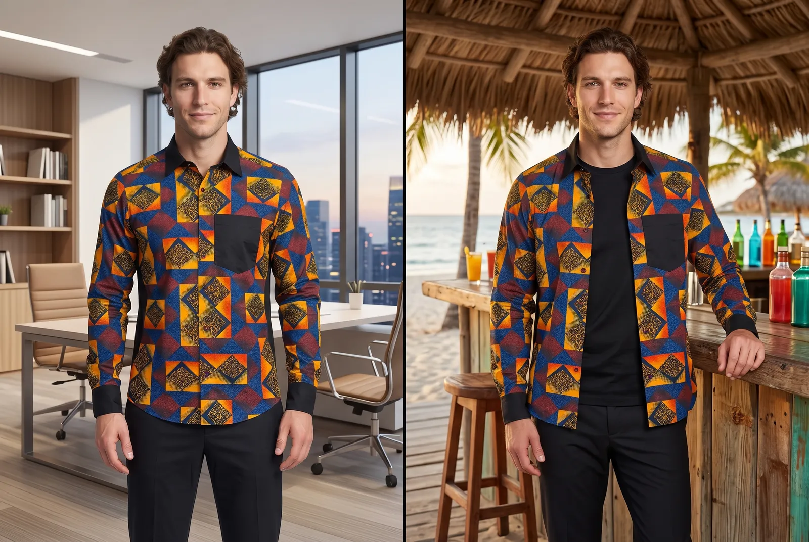 Geschlossen im Büro, offen über dem T-Shirt am Abend – dasselbe Hemd, zwei Looks.